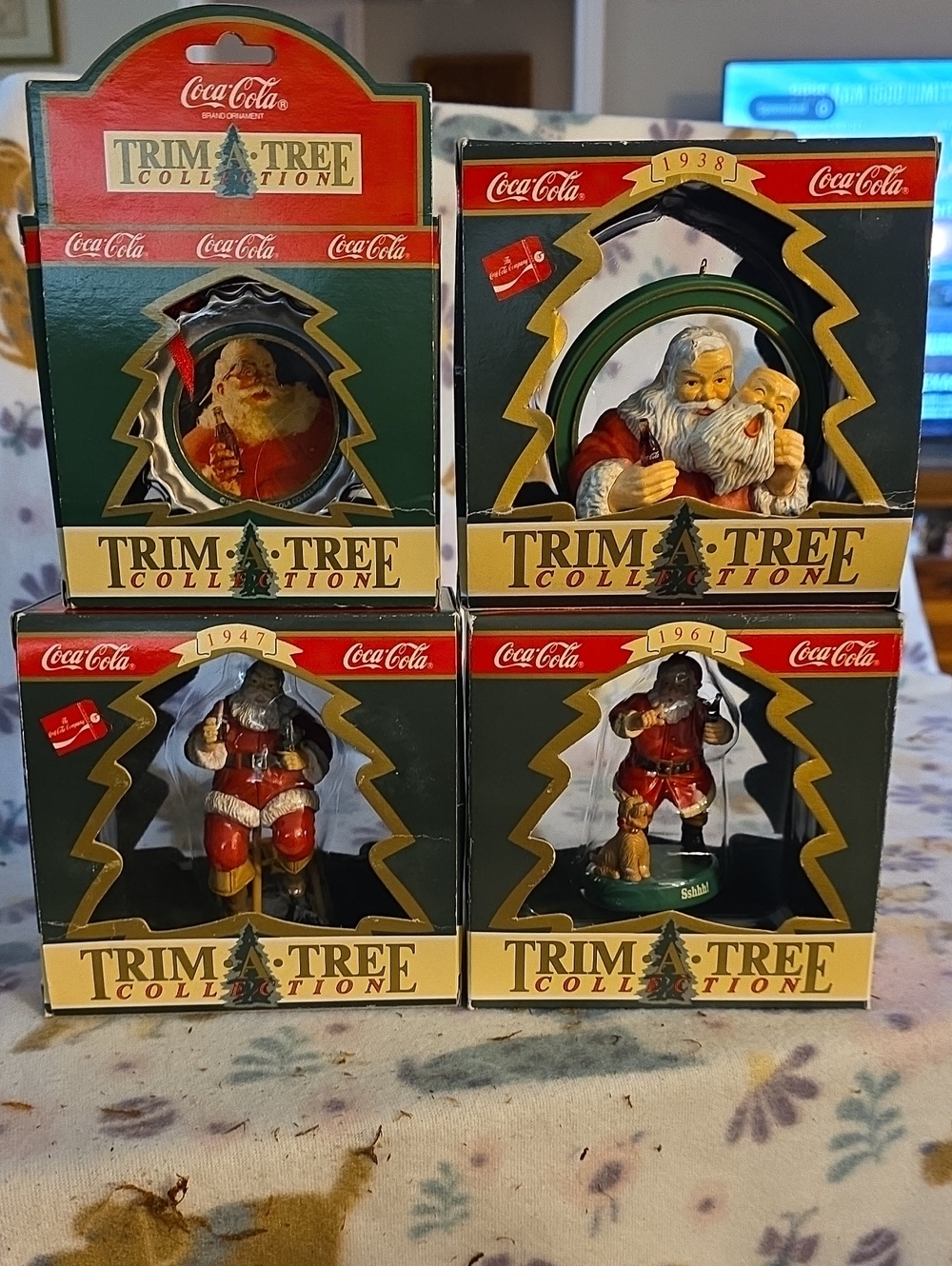4 vintage Coca-Cola Trim-A-Tree Collection Christmas ornaments in Original Boxes